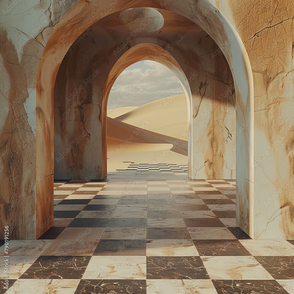 a stone archway with a checkered floor and sand dunes