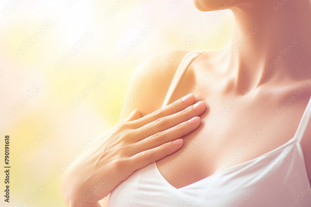 Naklejka premium Woman touches her breasts to check for breast cancer, breast cancer awareness concept, Generative Ai