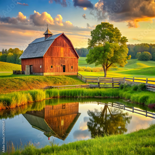 a peaceful countryside scene with a barn