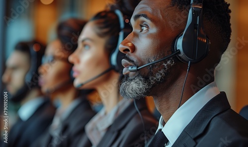 Close-up Interracial Customer Services Agents With Headset Working In A Call Center