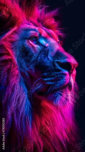 A lion with a pink mane and blue eyes. The lion is looking at the camera. The image has a vibrant and colorful feel to it