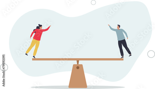 businessman and businesswoman balancing on equal seesaw.flat vector illustration.