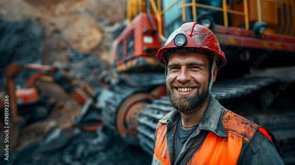 Portrait of happy smiling working man in helmet and work clothes near the excavator on career