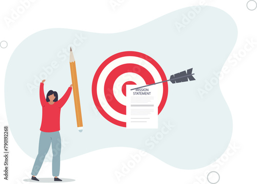 businesswoman with pencil writing mission statement.flat vector illustration.