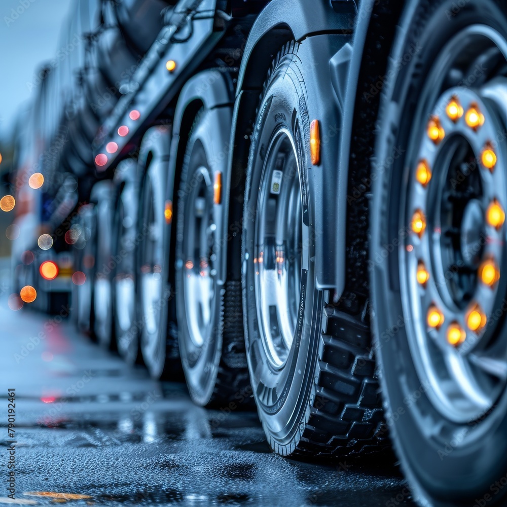 Fototapeta premium A close up of the wheels of a semi-truck.
