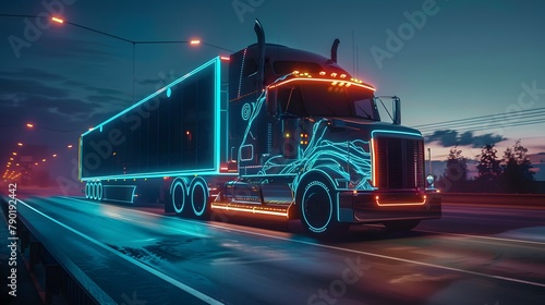 Futuristic Technology Concept: Autonomous Semi Truck with Cargo Trailer Drives at Night on the Road with Sensors Scanning Surrounding. Special Effects of Self Driving Truck Digitalizing Freeway © Gary