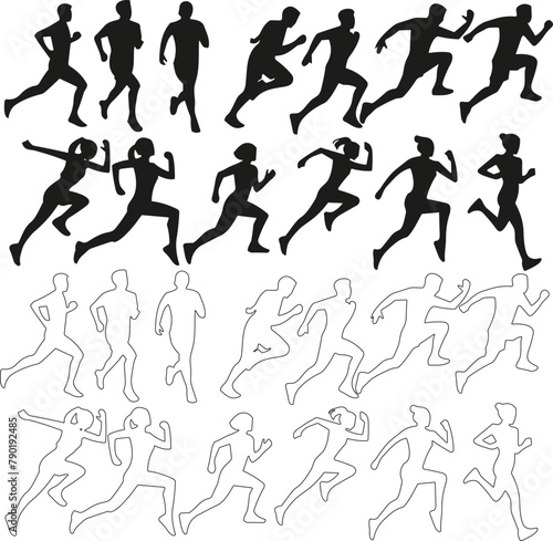 Man and women running pose sport vector collection in flat and line style with different styles and shapes, running sport vector