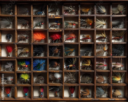 A wooden box containing a collection of antique fishing flies. © Nawarit