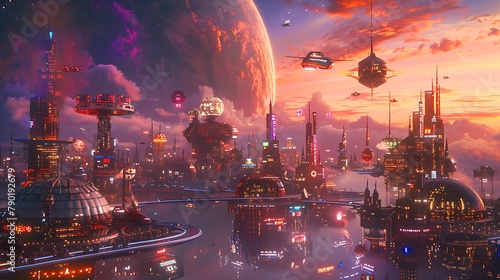 panoramic view of a futuristic cityscape built on a ring orbiting a gas giant