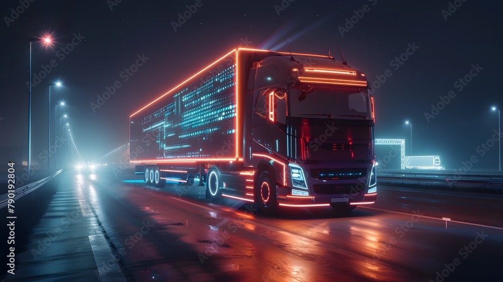 Futuristic Technology Concept: Autonomous Semi Truck with Cargo Trailer Drives at Night on the Road with Sensors Scanning Surrounding. Special Effects of Self Driving Truck Digitalizing Freeway Futuristic Technology Concept: Autonomous Semi Truck with Cargo Trailer Drives at Night on the Road with Sensors Scanning Surrounding. Special Effects of Self Driving Truck Digitalizing Freeway
