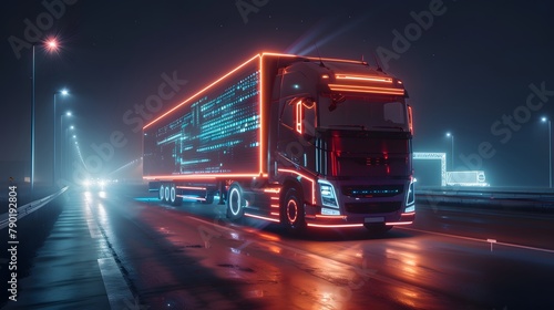Futuristic Technology Concept  Autonomous Semi Truck with Cargo Trailer Drives at Night on the Road with Sensors Scanning Surrounding. Special Effects of Self Driving Truck Digitalizing Freeway