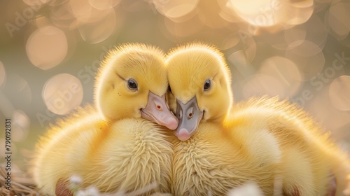Two cute ducklings cuddling in the soft sunlight