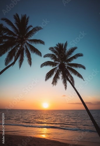 A picture of a seashore with palm trees