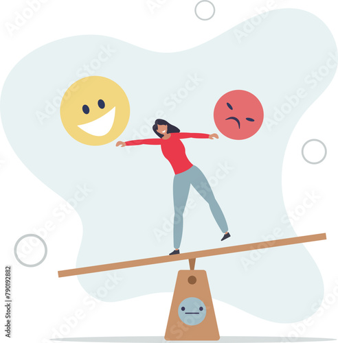 balance smile and sad face.control feeling between work stressed or sadness and happy lifestyle.flat vector illustration.