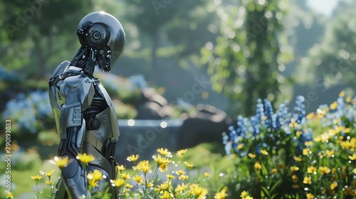 Capture the love story between a humanoid robot and human in a serene garden, mixing elements of nature with sleek, metallic features in a futuristic digital rendering, Utilize unexpected camera angle