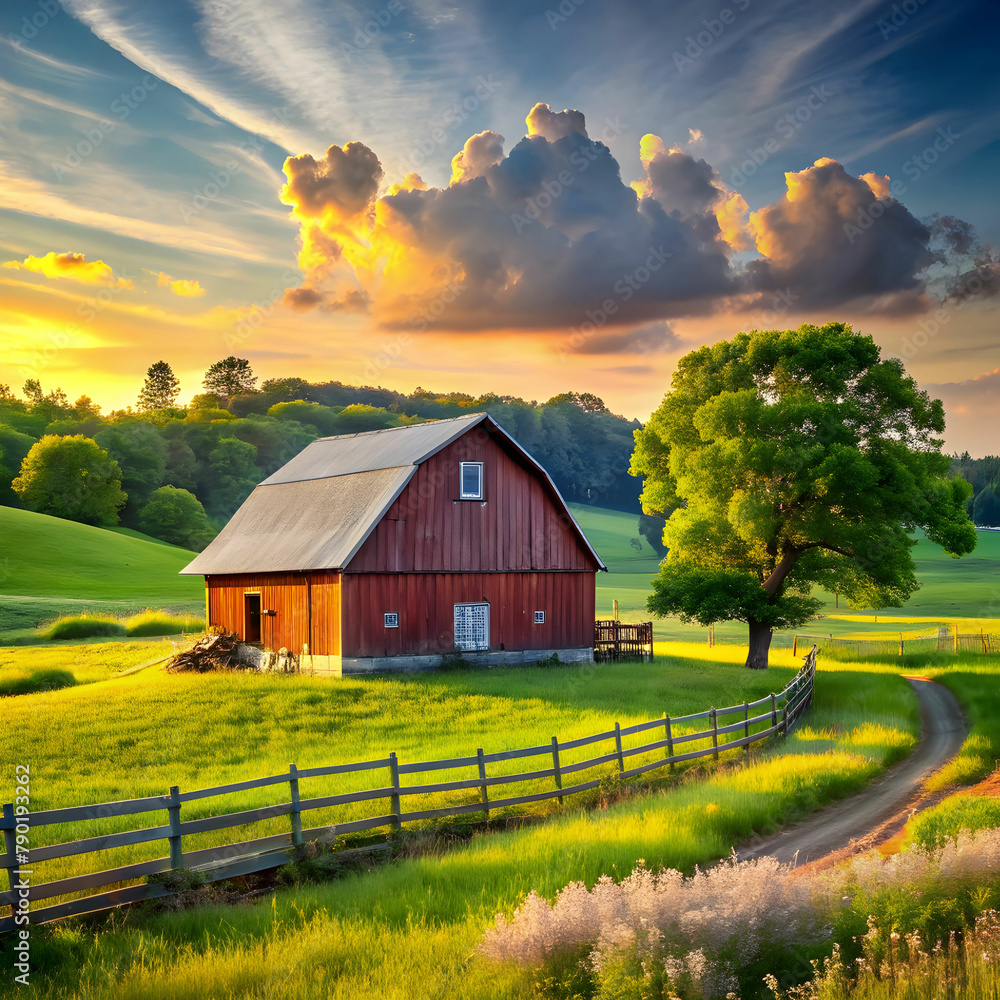 a peaceful countryside scene with a barn