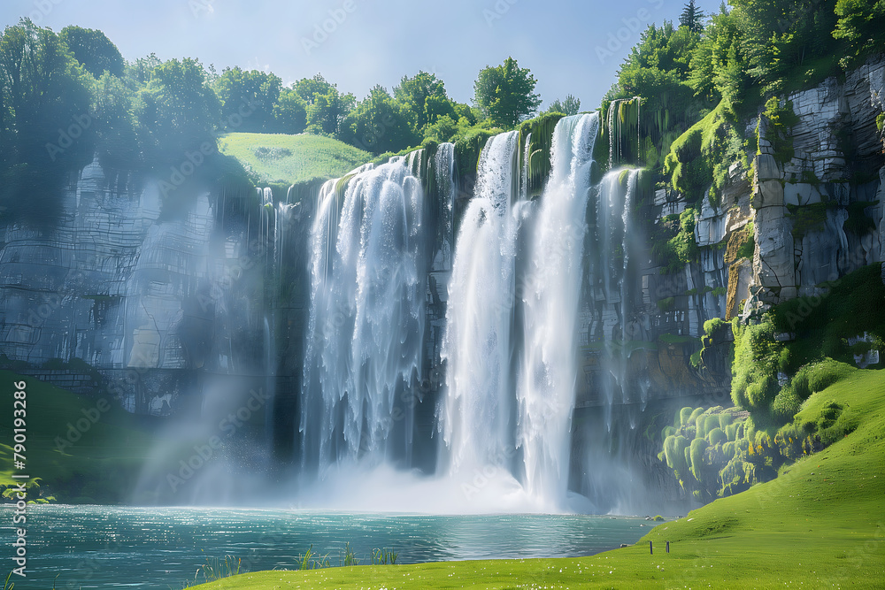 A majestic waterfall cascading down a rocky cliff, surrounded by a lush green forest. The waterfall is grand and powerful