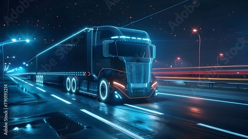 Futuristic Technology Concept  Autonomous Semi Truck with Cargo Trailer Drives at Night on the Road with Sensors Scanning Surrounding. Special Effects of Self Driving Truck Digitalizing Freeway