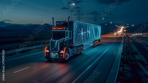 Futuristic Technology Concept: Autonomous Semi Truck with Cargo Trailer Drives at Night on the Road with Sensors Scanning Surrounding. Special Effects of Self Driving Truck Digitalizing Freeway photo