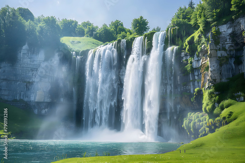 A majestic waterfall cascading down a rocky cliff  surrounded by a lush green forest. The waterfall is grand and powerful