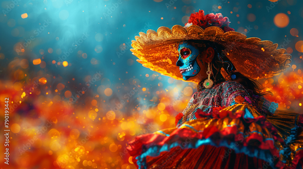 Magical realism digital art of a woman in ornate Dia de los Muertos attire. Copy space. - obrazy, fototapety, plakaty 