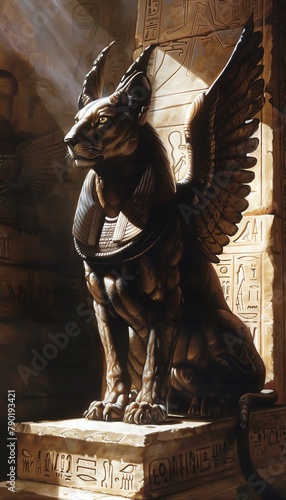 Craft a photorealistic scene of a sphinx reporting mythical events from an unexpected camera angle, showcasing intricate details in acrylic Play with light and shadows to emphasize the creatures myste photo