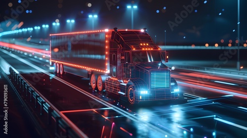 Futuristic Technology Concept: Autonomous Semi Truck with Cargo Trailer Drives at Night on the Road with Sensors Scanning Surrounding. Special Effects of Self Driving Truck Digitalizing Freeway