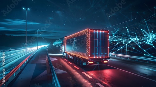 Futuristic Technology Concept  Autonomous Semi Truck with Cargo Trailer Drives at Night on the Road with Sensors Scanning Surrounding. Special Effects of Self Driving Truck Digitalizing Freeway