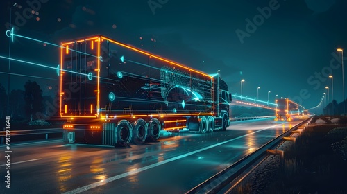 Futuristic Technology Concept: Autonomous Semi Truck with Cargo Trailer Drives at Night on the Road with Sensors Scanning Surrounding. Special Effects of Self Driving Truck Digitalizing Freeway