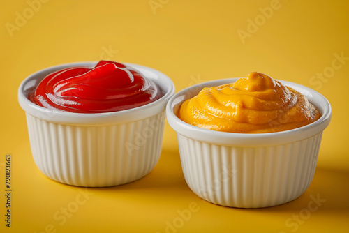 cup of hot and tasty yellow dijon mustard paste and red ketchup, closeup © Echelon IMG