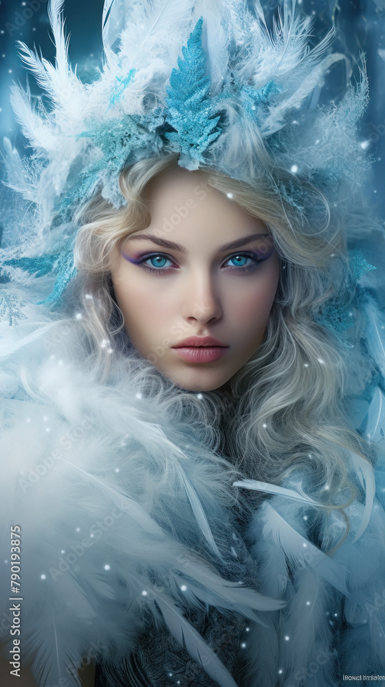 Young and beautiful woman face in snowfall