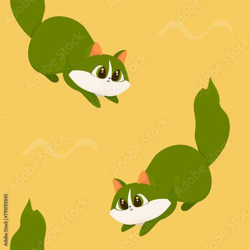 Cute pattern with falling green kittens on a yellow background 