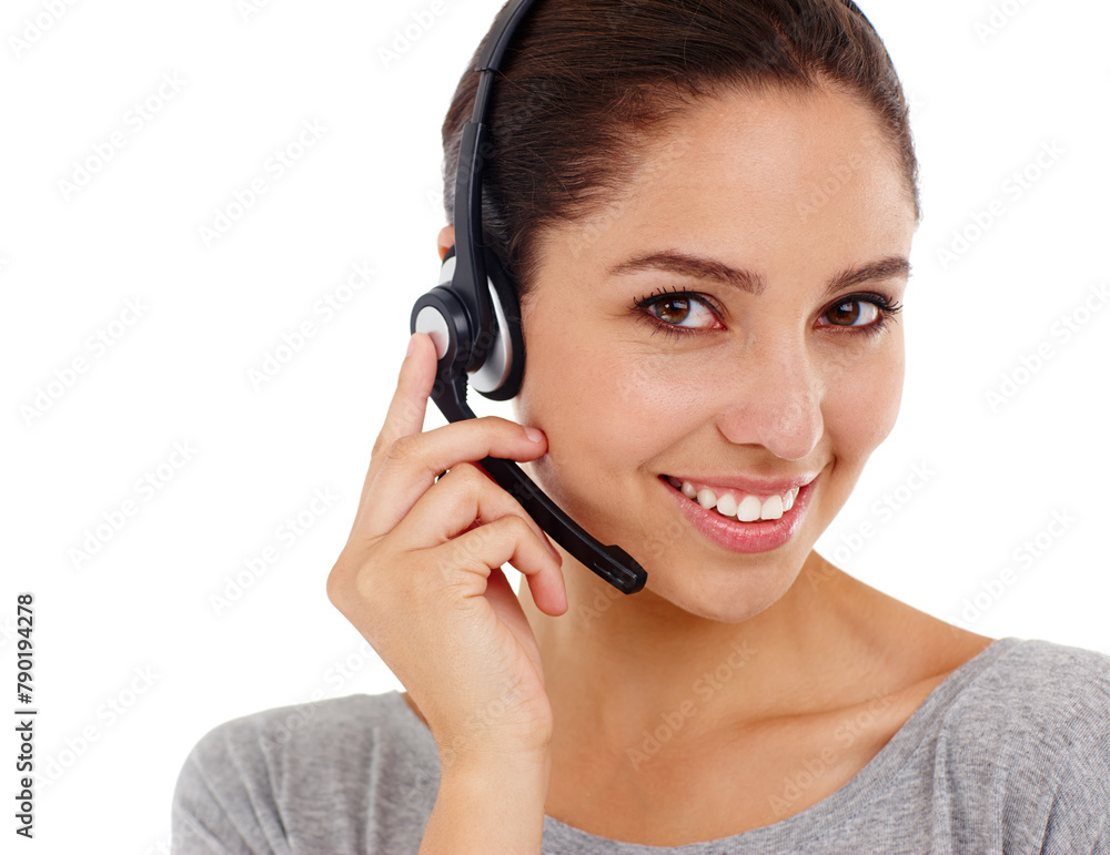 Portrait, smile and woman with headphones, call center and telemarketing consultant isolated on a white studio background. Face, person and insurance agent with headset and customer support service Portrait, smile and woman with headphones, call center and telemarketing consultant isolated on a white studio background. Face, person and insurance agent with headset and customer support service