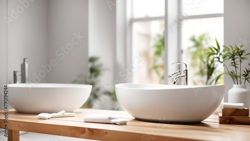 Two vessel sinks sit on a wooden counter in front of a large window.