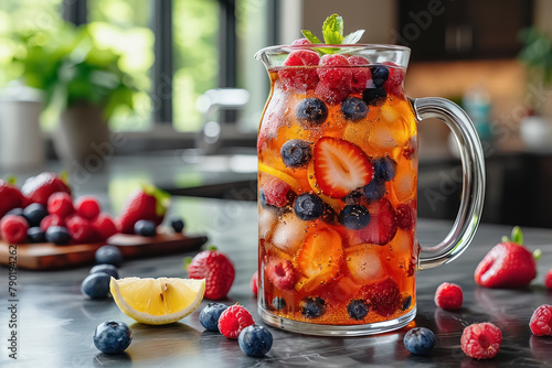 summer berry iced tea with fresh fruits in a transparent pitcher