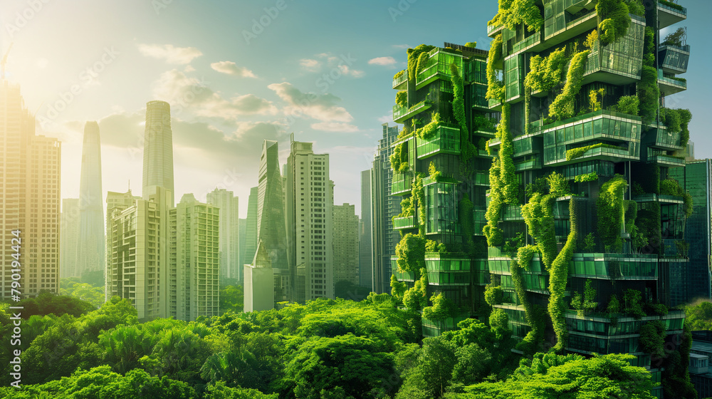 A cityscape featuring green architecture and parks, illustrating concepts of urban sustainability. , background