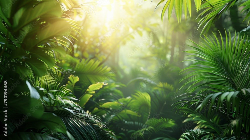 A lush rainforest scene with a canopy view, sunlight filtering through, highlighting diverse plant species, ample space for text on the top