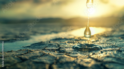 A concept of water conservation with a close-up of a water droplet about to drip from a tap, against a backdrop showing the effects of drought. , background