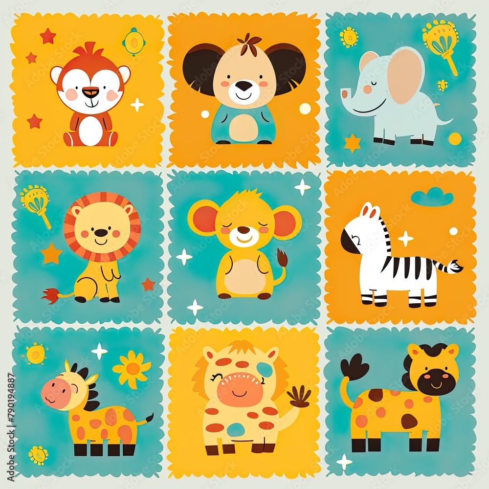 Fototapeta premium A collection of nine adorable cartoon African animals, including a lion, koala, and zebra, depicted in bright, child-friendly colors and patterns..