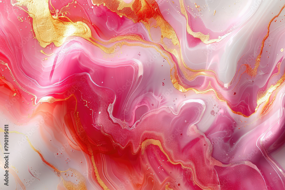 Pink and white swirled paint with gold glitter, shiny. Created with Ai