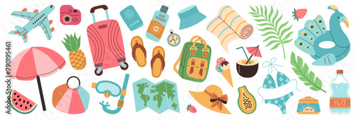 Summertime set with summer accessories. Icons, signs, banners. Collection elements for summer holiday.