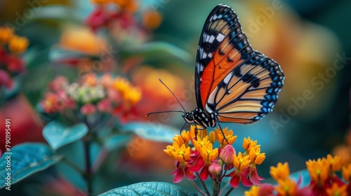 A vibrant butterfly on an endangered flower species, detailed macro shot, symbolizing delicate ecosystem interactions, with ample text space at the top © Naret