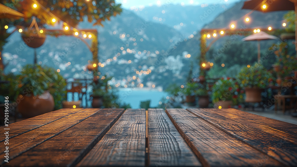 Fototapeta premium Empty wooden table space platform and blurred city and mountains Fog background for product display montage