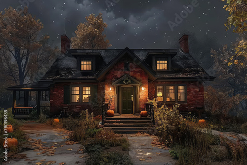A beautiful house surrounded by pumpkins and leaves, creating a Halloween atmosphere. Created with Ai