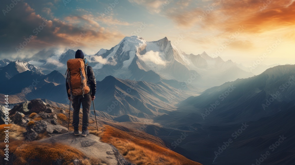 A  hiker reaches the mountain peak, taking in the breathtaking view of the surrounding landscape