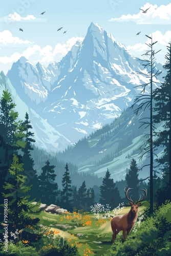 Develop a scene of an alpine ecosystem with endangered plant species and wildlife, vibrant and isolated background, promoting mountain conservation, space for educational text