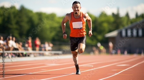 Disabled athletes, disabled runners,Athletes in a stadium race around a running track in a blur of speed