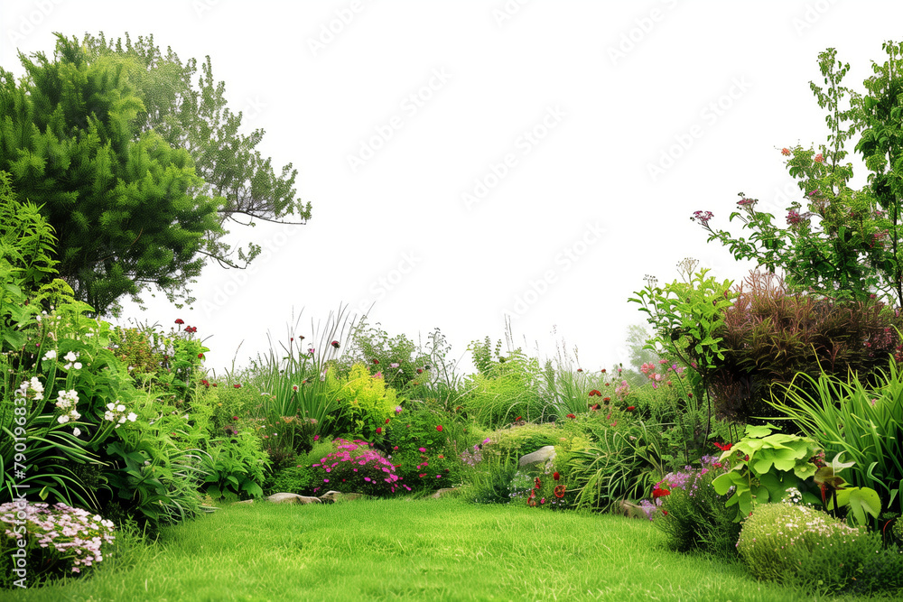 Obraz premium tranquility of a garden tended by a gardener, with a white background creating a sense of serenity and harmony, reflecting the peaceful nature of their work.