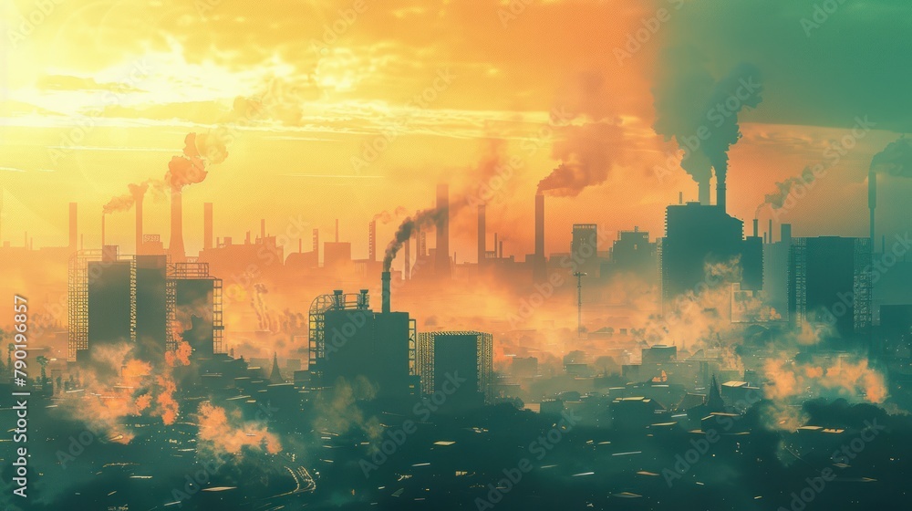 Fototapeta premium Factory spewing smoke pollutes the twilight sky