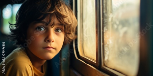 A lonely sad boy looks through the window of a moving train. Homeless orphan. Generative AI.